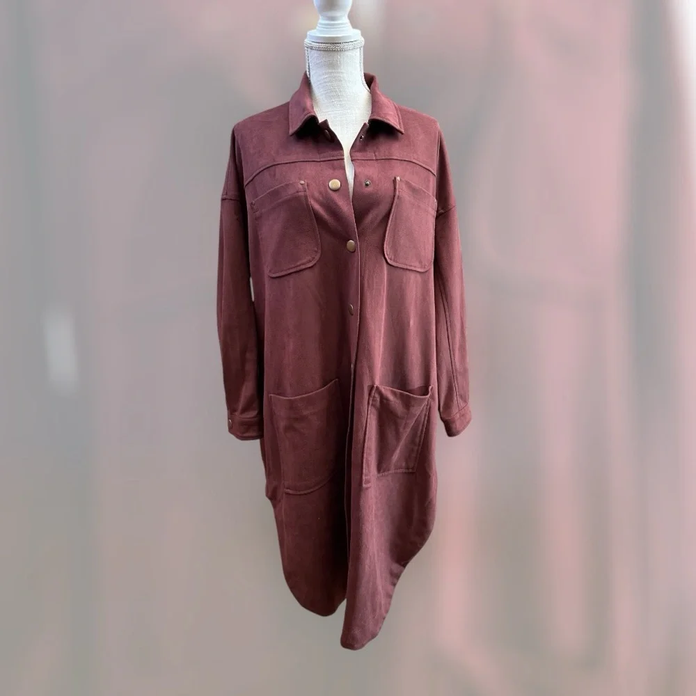 Oversized a Anthropology Pilot sz SM duster in rose faux suede soft cozy snaps - Picture 3 of 8